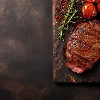 Juicy grilled steak with herbs and spices on a dark surface.