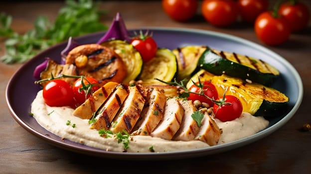 Succulent grilled chicken with a variety of roasted vegetables on a bed of pur?e.