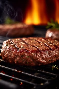 Juicy grilled steak sizzling on a barbecue with flames in background.
