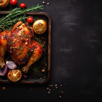 Roast chicken with herbs and spices on dark background.