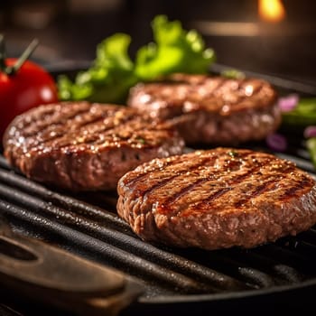 Grilled burger patties on a hot barbecue grill with vegetables in background.
