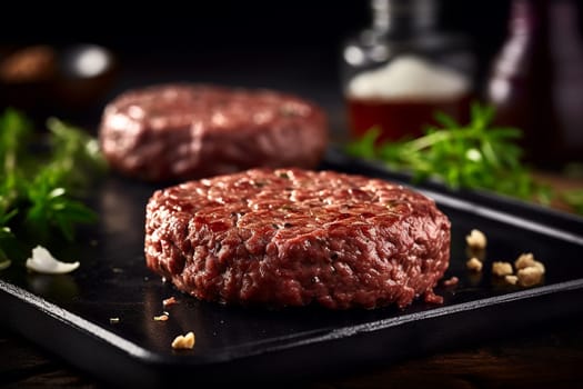 Two raw beef patties seasoned, ready to cook.
