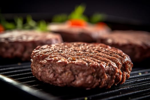 Juicy grilled burgers sizzling on a grill with vegetables in background.