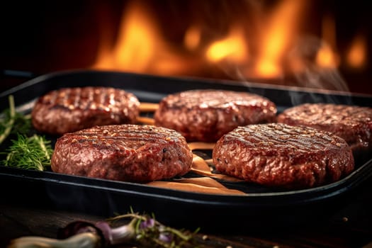 Juicy grilled burgers on a pan over an open flame.