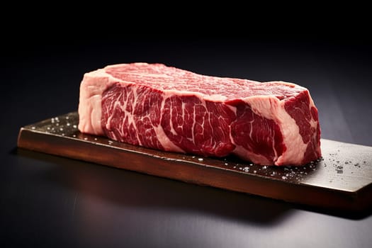 Raw high-quality steak on a wooden cutting board, ready for cooking.