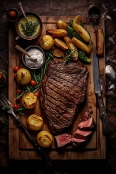 Grilled steak with herbs and potatoes on rustic table.