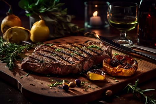 Grilled steak seasoned with herbs on wooden board, elegant dining.