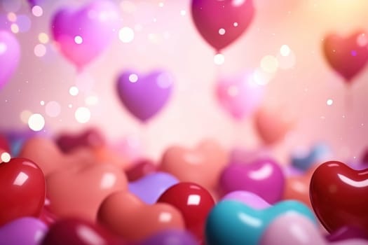 Abstract composition of heart-shaped balloons with enchanting bokeh lights, suggesting a festive and romantic celebration.