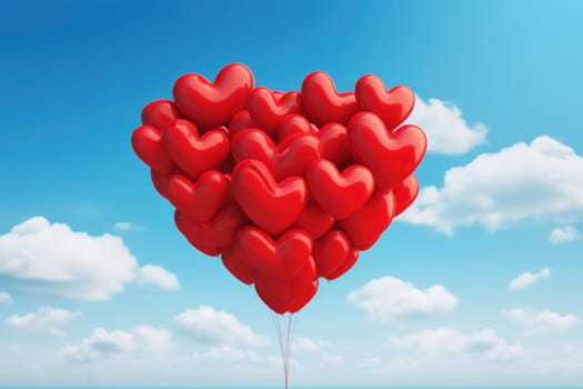 A beautiful cluster of red heart-shaped balloons soaring into the clear blue sky, symbolizing love and celebration.
