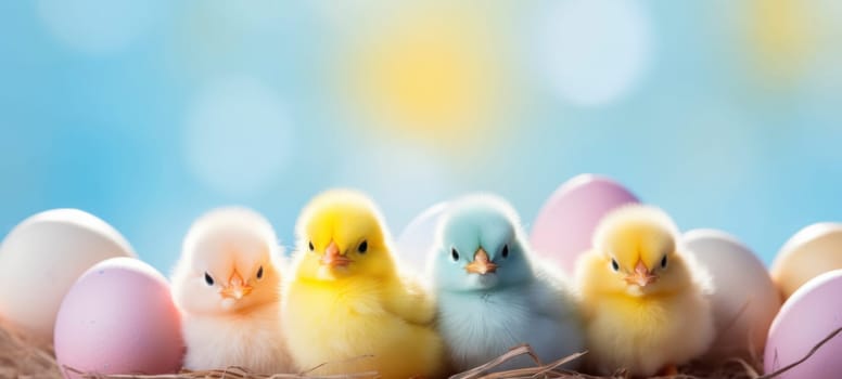 Cute chicks amidst pastel Easter eggs