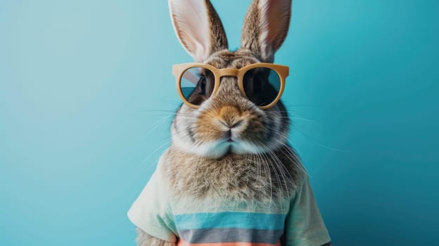 A charming rabbit sporting trendy sunglasses and a colorful striped tee against a blue background.