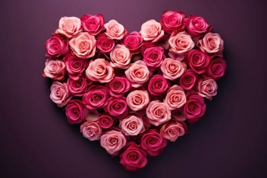 A heart composed of pink and red roses on a lavender background