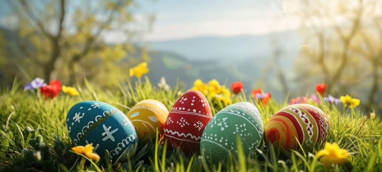 Decorated Easter eggs nestled among the moss and flowers in a sun-drenched forest scene.
