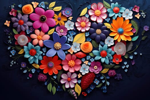 A heart-shaped collection of stylized flowers against a dark blue background