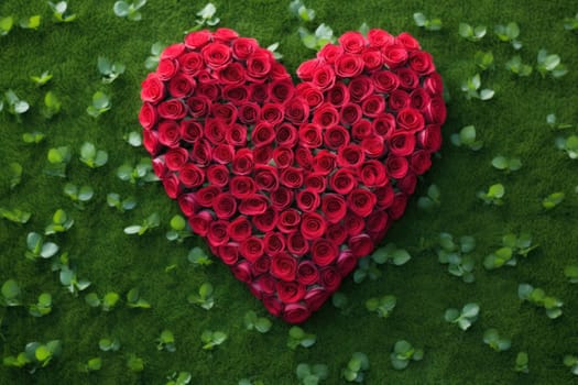 Lush heart composed of red roses surrounded by green leaves on the grass, a romantic gesture of love.