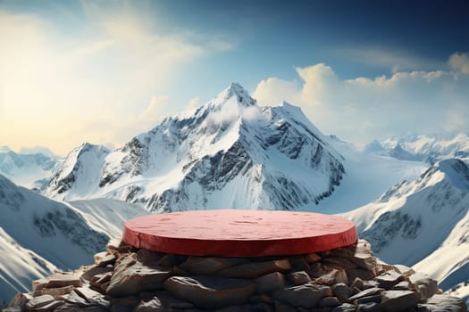 3d podium on a rock. Round podium, stage against the backdrop of a sunset. Podium, stage for product presentation.