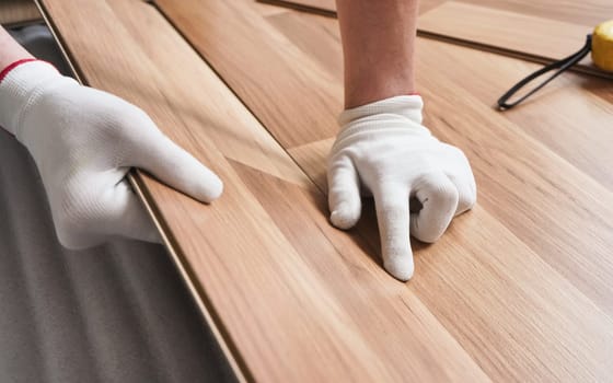 Installing laminated floor, detail on man hands in white gloves positioning wooden tile, over white foam base layer