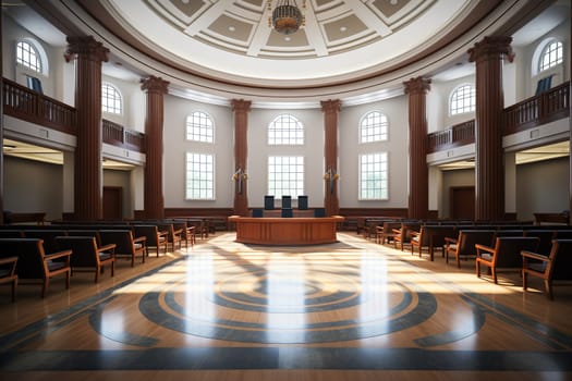 Empty courtroom with wooden benches and floor.