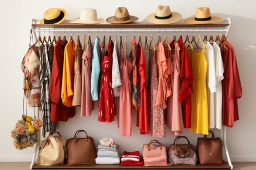 Women's wardrobe with bright clothes and hats.