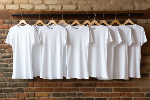 Blank white T-shirts hang on hangers on a brick wall.