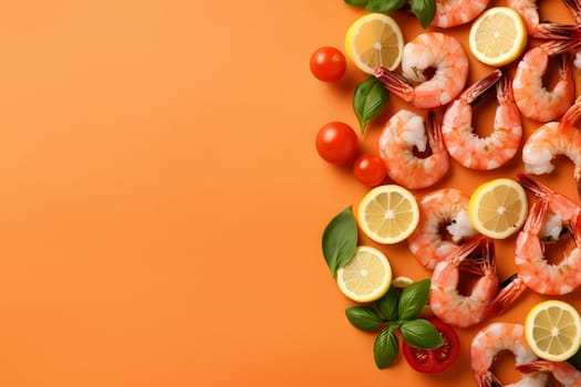 A variety of seafood and fresh ingredients on a vibrant orange background
