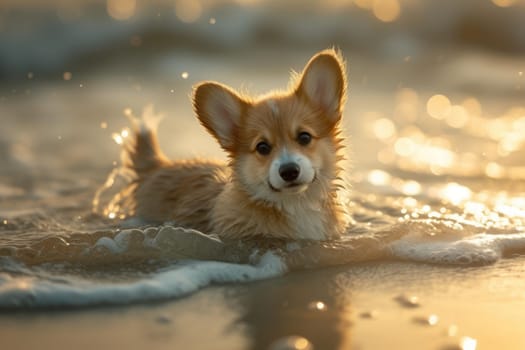 Cute Corgi dog on beach in summer season. Generative AI.