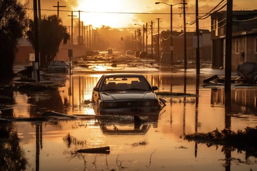 Abandoned car in a flooded street at sunset, reflecting the devastation of urban flooding - Generative AI