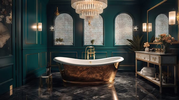 Elegant vintage bathroom with a freestanding copper bathtub, ornate mirrors, and a grand chandelier - Generative AI