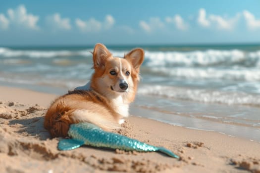 Cute Corgi dog on beach in summer season. Generative AI.