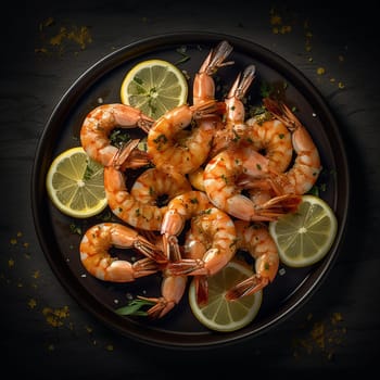 Cooked shrimps on a plate with lemon slices and herbs.