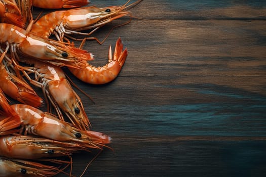 Fresh prawns arranged neatly on a dark wooden surface.