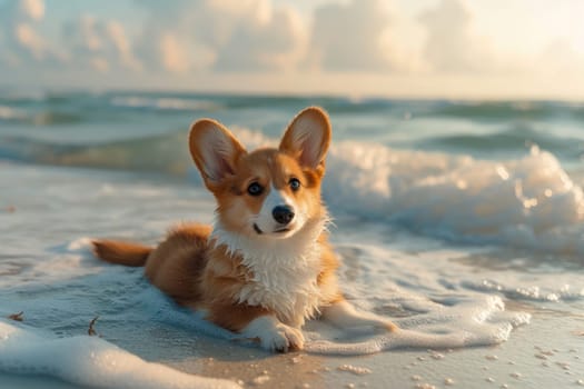 Cute Corgi dog on beach in summer season. Generative AI.