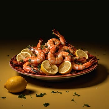 Cooked shrimps on a plate with lemon wedges and herbs.