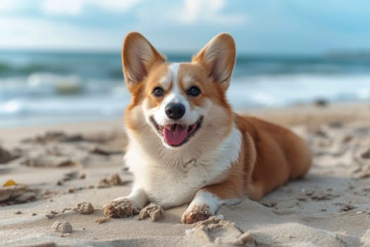 Cute Corgi dog on beach in summer season. Generative AI.