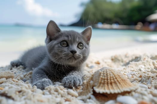 Cute Cat on beach in summer season. Generative AI.