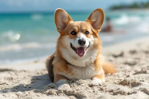 Cute Corgi dog on beach in summer season. Generative AI.