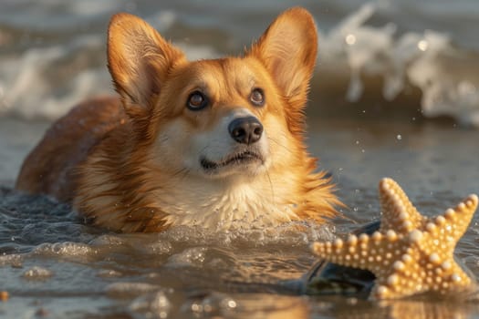 Cute Corgi dog on beach in summer season. Generative AI.