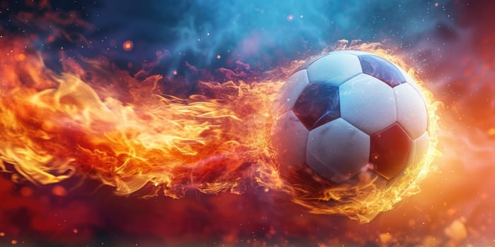 Football with fire aura. champion tournament banner. Generative AI.