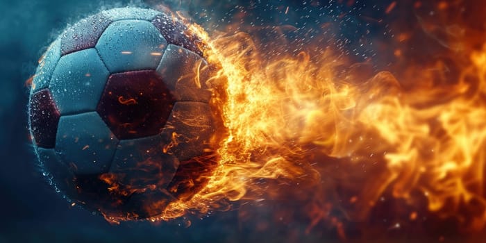 Football with fire aura. champion tournament banner. Generative AI.