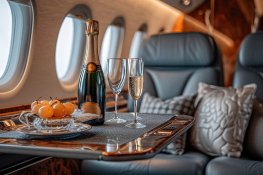 Luxury airline with A set of glasses and champagne. Generative AI.
