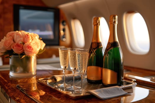 Luxury airline with A set of glasses and champagne. Generative AI.