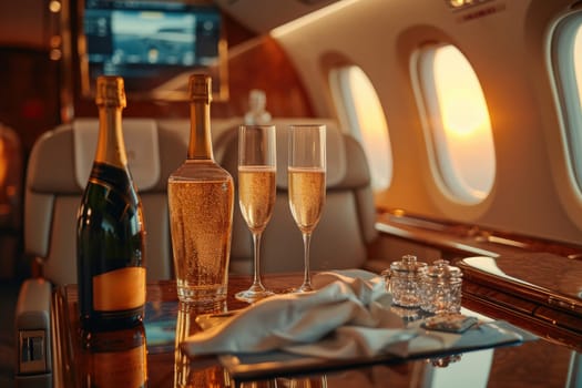 Luxury airline with A set of glasses and champagne. Generative AI.