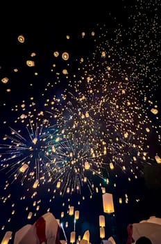 Sky lantern mass release event for Yee Peng and Loy Krathong festival in Chiang Mai, Thailand, south east asia