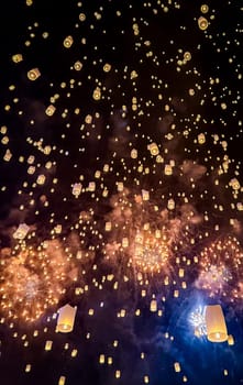 Sky lantern mass release event for Yee Peng and Loy Krathong festival in Chiang Mai, Thailand, south east asia