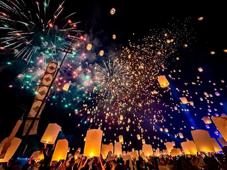 Sky lantern mass release event for Yee Peng and Loy Krathong festival in Chiang Mai, Thailand, south east asia