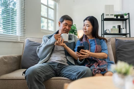 Retired elderly couple sits on couch and drink tea together and relax in their home. Senior Activity Concept.