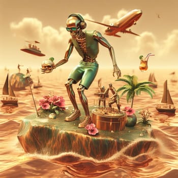 metallic alien dj with human skull, wearing glasses earphone dj of beach party in tropical island generative ai art