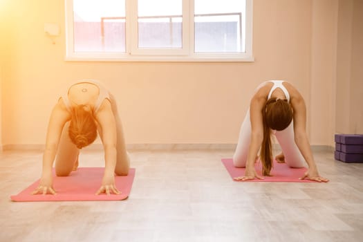 Two beautiful women do yoga, sports in the gym. The concept of grace and beauty of the body