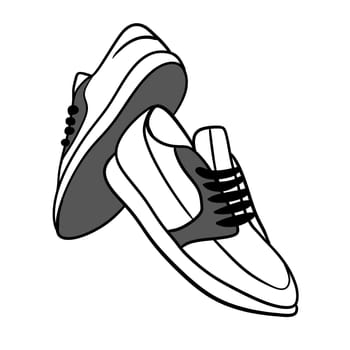 Hand drawn illustration of sneakers trainers running shoes in black and white. Modern monochrome drawing of sportwear footwear trendy walking wear lifestyle fashiom, healthy active concept