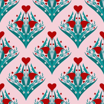 Hand drawn seamless pattern in flower floral st Valentine day style. Elegant colorful love retro vintage design, victorian fabric print, red hearts white emerald green leaves lines, modern damask